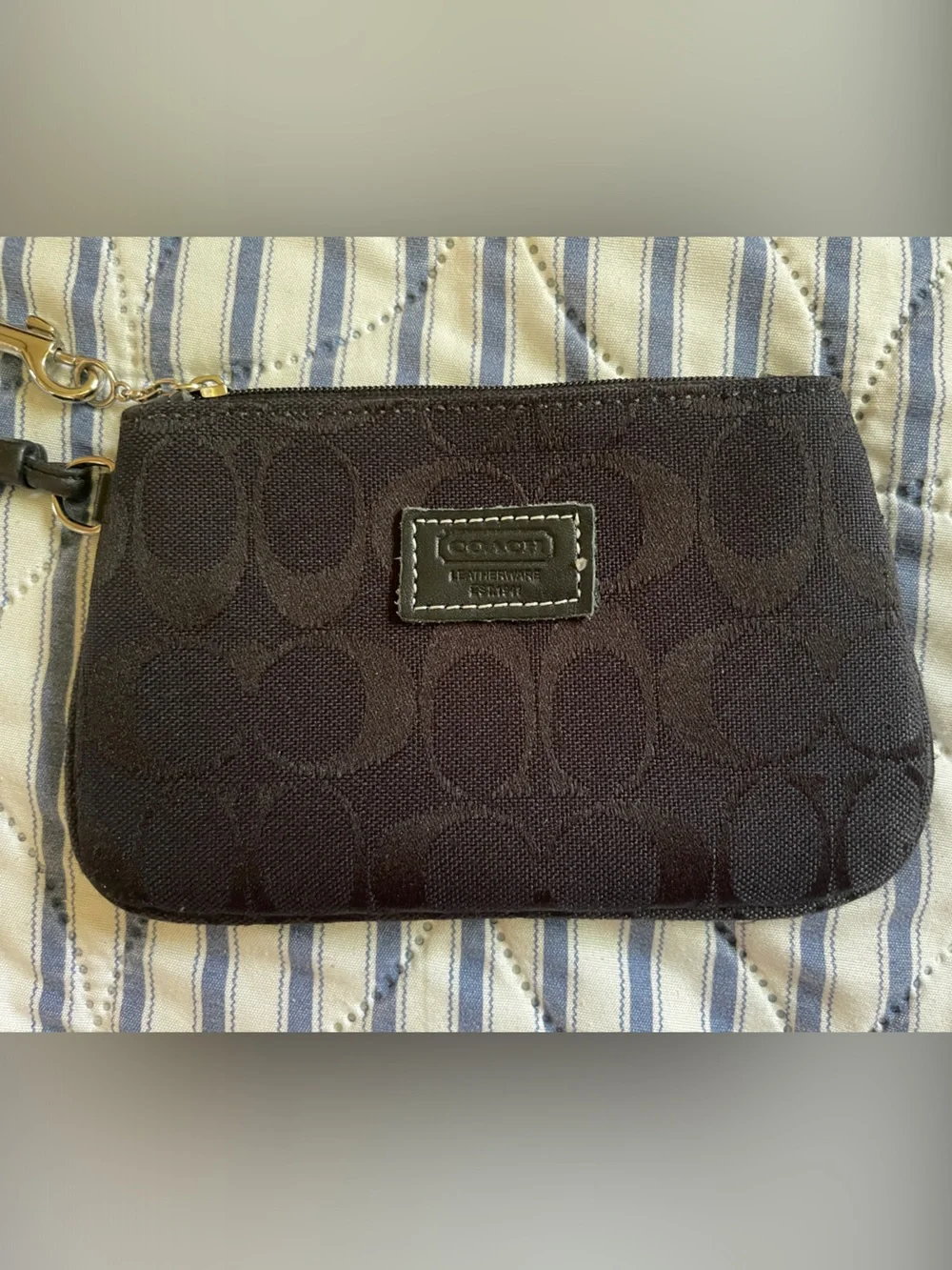 Coach Black Signature Zip Wristlet Phone Case with Gold Hardware